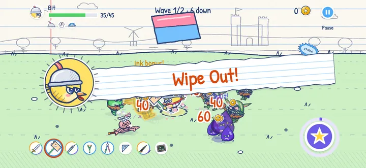 A giant eraser special move wipes out a ring of goblins as Bit shouts Wipe Out!