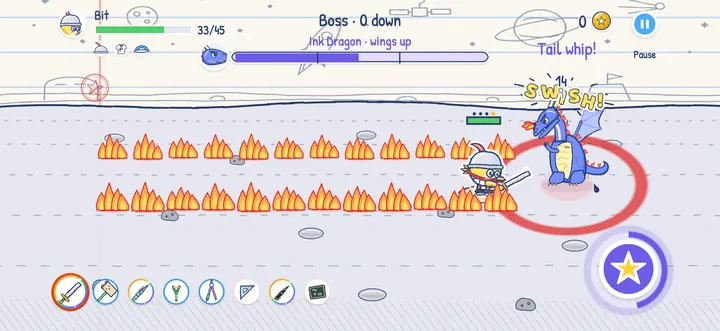 Bit dodges the Ink Dragon’s fire and a tail whip marked in red on the floor, then strikes back