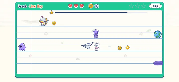Line Hop, a break mini game: Bit hops from line to line on a notebook page, dodging doodles and grabbing coins