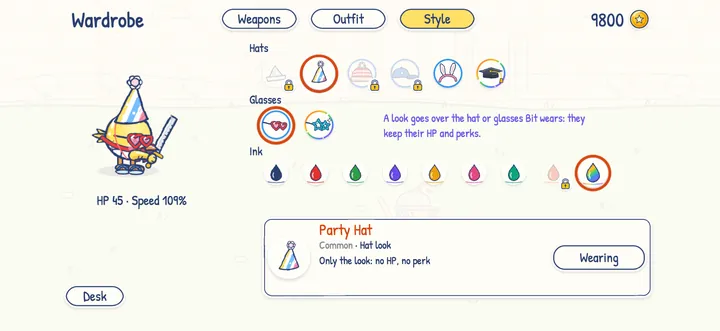 The wardrobe: Bit in a party hat and heart glasses with rainbow ink, more hats and inks to unlock