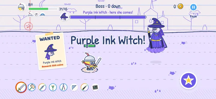 The Purple Ink Witch flies in with her wanted poster as Bit raises the ruler